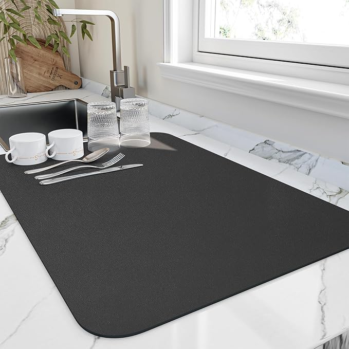 HotLive Dish Drying Mat for Kitchen Counter, Heat Resistant Drainer Mats with Non-slip Rubber Backed, Hide Stain Kitchen Super Absorbent Draining Mat, Easy to Clean Dish Rack Pad, Black 18"x32" by HotLive