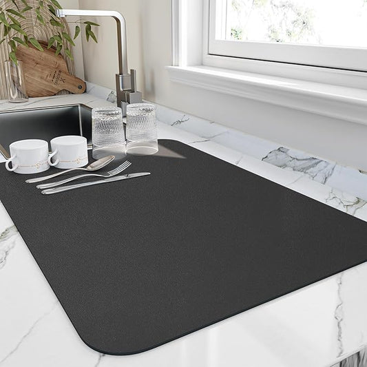 HotLive Dish Drying Mat for Kitchen Counter, Heat Resistant Drainer Mats with Non-slip Rubber Backed, Hide Stain Kitchen Super Absorbent Draining Mat, Easy to Clean Dish Rack Pad, Black 18"x32" by HotLive
