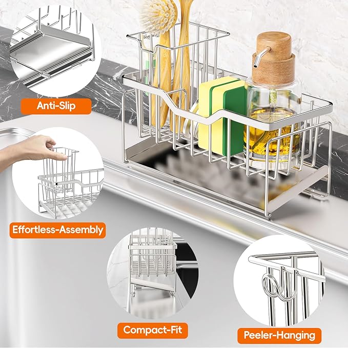 StorageRight Kitchen Sink Caddy Organizer, Rustproof Sponge Holder for Kitchen Sink, Instant Dry High Brush Holders with Drain Tray, Anti-Slip Sink Storage Organization Essentials, Silver - Image 2