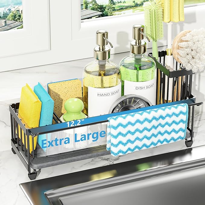 Cisily Large Sink Caddy Organizer with Towel Holder, Quick Dry Sponge Holder for Kitchen, Black Dish Brush Holder for Countertop, Kitchen Decor Storage and Essentials by CISILYHOMELIFE
