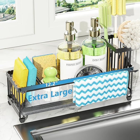 Cisily Large Sink Caddy Organizer with Towel Holder, Quick Dry Sponge Holder for Kitchen, Black Dish Brush Holder for Countertop, Kitchen Decor Storage and Essentials by CISILYHOMELIFE