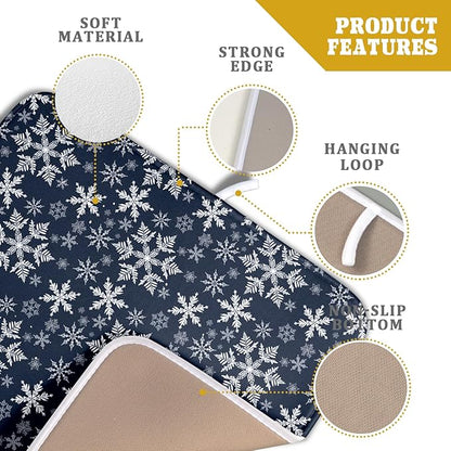 Christmas Dish Drying Mat for Kitchen Counter 18x16 Inch Xmas Snowflake Drying Mat with Absorbent Reversible Microfiber Blue Dish Drainer Mats Rack Pad for Coffee Countertop Protector