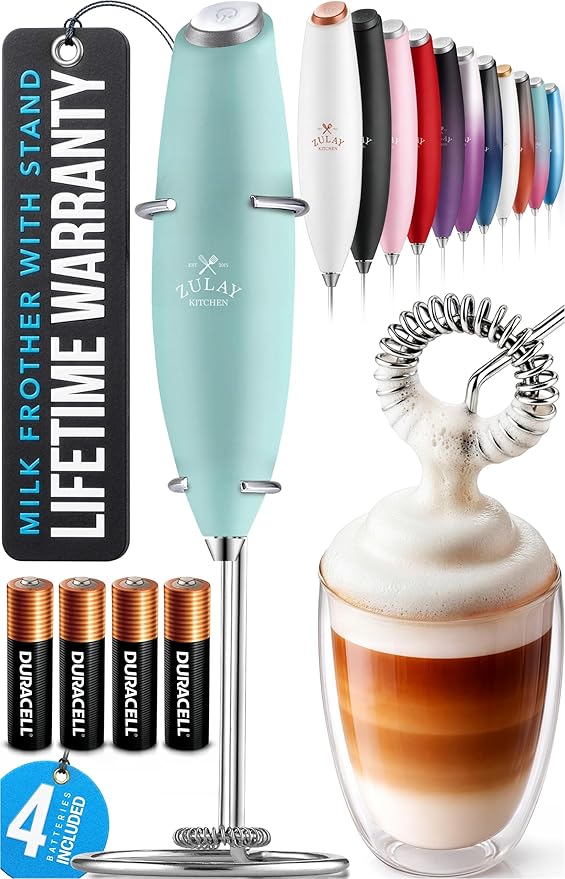 Zulay Kitchen Powerful Milk Frother Wand With 4 AA Duracell Batteries - Ultra Fast Handheld Drink Mixer - Electric Whisk Foam Maker for Coffee, Lattes, Cappuccino, Matcha & Creamer - Fresh Mint by ZulayKitchen