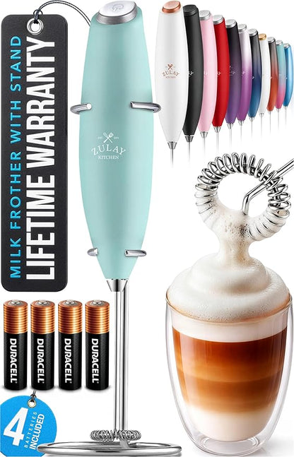 Zulay Kitchen Powerful Milk Frother Wand With 4 AA Duracell Batteries - Ultra Fast Handheld Drink Mixer - Electric Whisk Foam Maker for Coffee, Lattes, Cappuccino, Matcha & Creamer - Fresh Mint by ZulayKitchen