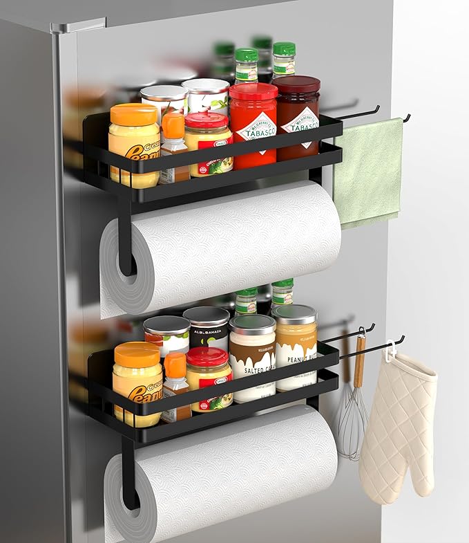 ZUNTO 2pcs Magnetic Paper Towel Holder for Fridge, Black Kitchen Organizer with Towel Roll Holder, Spice Shelf and 2 Hanging Racks(No Drilling) by ZUNTO