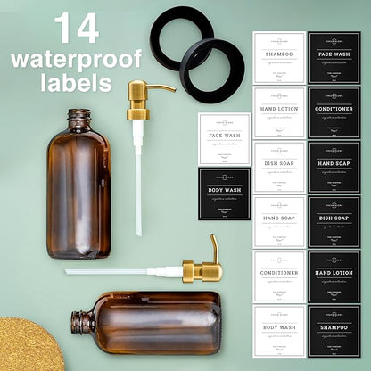 Vine Creations Amber Glass Soap Dispenser, 2 Pack Kitchen Soap Dispenser Set with Stainless Steel Pump, 16 oz Dish Soap and Hand Soap Dispensers for Bathroom with Waterproof Labels - Image 4