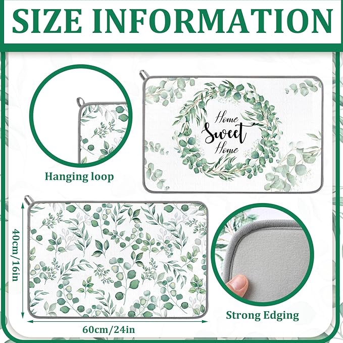 Zonon Dish Drying Mat for Kitchen Counter 16 x 24 Microfiber Absorbent Dish Drainer Rack Pads Fast Dry Mat Vintage Kitchen Decorations(Green,16" X 24",Eucalyptus Leaves) - Image 4