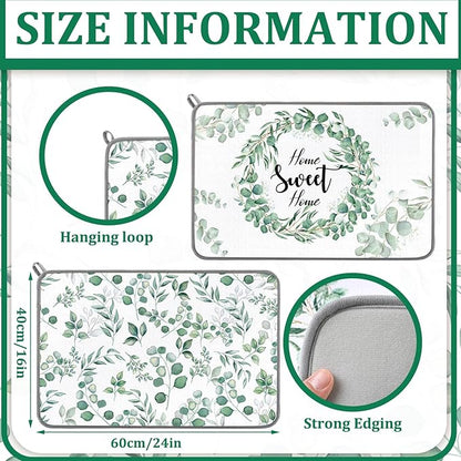 Zonon Dish Drying Mat for Kitchen Counter 16 x 24 Microfiber Absorbent Dish Drainer Rack Pads Fast Dry Mat Vintage Kitchen Decorations(Green,16" X 24",Eucalyptus Leaves) - Image 4