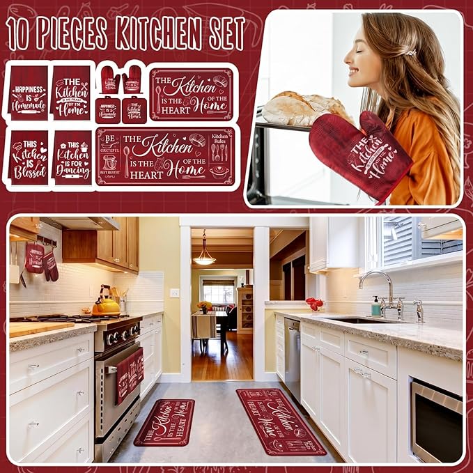 Fourluoo 10 Pcs Farmhouse Kitchen Decor and Accessories Set 4 Kitchen Towels 2 Pot Holders 2 Oven Mitts 2 Rugs for Cooking Baking Mom Housewarming Gifts(Red,Classic Style) - Image 2