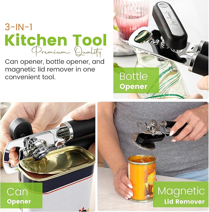 Spring Chef Stainless Steel Can Opener - Manual with Soft Grip Handles, Easy Turn, Heavy Duty Hand Can Openers for Seniors with Smooth Edge - Magnetic Lid Remover - Black - Image 4