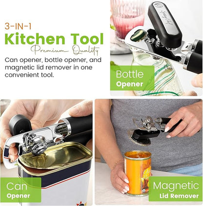 Spring Chef Stainless Steel Can Opener - Manual with Soft Grip Handles, Easy Turn, Heavy Duty Hand Can Openers for Seniors with Smooth Edge - Magnetic Lid Remover - Black - Image 4