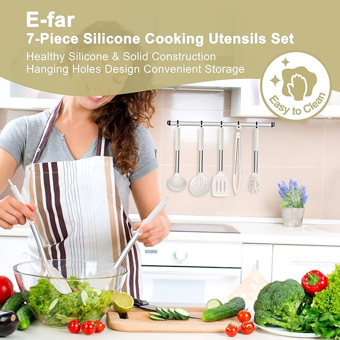 E-far Silicone Cooking Utensils Set, 7 Pcs Heat Resistant Kitchen Utensils with Stainless Steel Handle, Slotted Turner, Spoon, Soup Ladle, Pasta Server, Skimmer, Tongs for Nonstick Cookware, White - Image 7