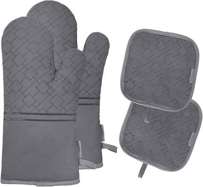 4Pcs Oven Mitts and Pot Holders Set, 572F Heat Resistant Oven Glove, Soft Cotton Lining with Non-Slip Surface for Kitchen Baking BBQ (Grey) by Tormays
