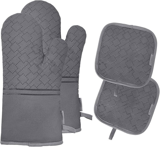 4Pcs Oven Mitts and Pot Holders Set, 572F Heat Resistant Oven Glove, Soft Cotton Lining with Non-Slip Surface for Kitchen Baking BBQ (Grey) by Tormays