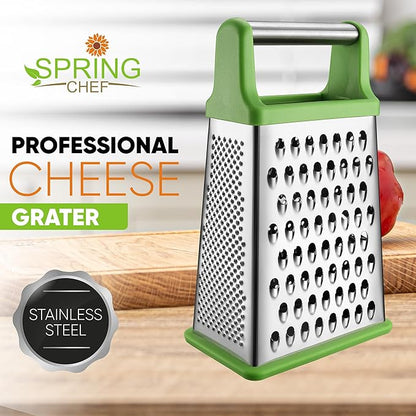 Spring Chef Green Professional Stainless Steel XL Parmesan Cheese Grater with Handle - 4 Sided Box Grater for Kitchen - Dishwasher Safe Food Shredder for Carrot, Potato, Vegetables, Ginger, Hash Brown - Image 2