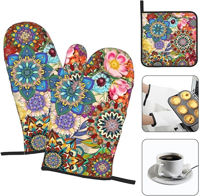 Boho Floral Oven Mitts and Pot Holders Sets, Heat Resistant Colorful Kitchen Gloves Hot Pads, Cute Baker Stuff, Chef Cooking Baking Gifts for Women Bakers, Kitchen Gifts for Cooking Lover Cooks Mom - Image 3