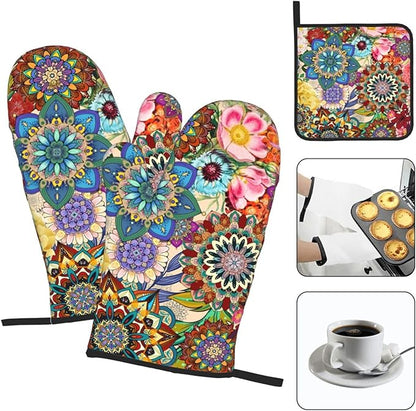 Boho Floral Oven Mitts and Pot Holders Sets, Heat Resistant Colorful Kitchen Gloves Hot Pads, Cute Baker Stuff, Chef Cooking Baking Gifts for Women Bakers, Kitchen Gifts for Cooking Lover Cooks Mom - Image 3