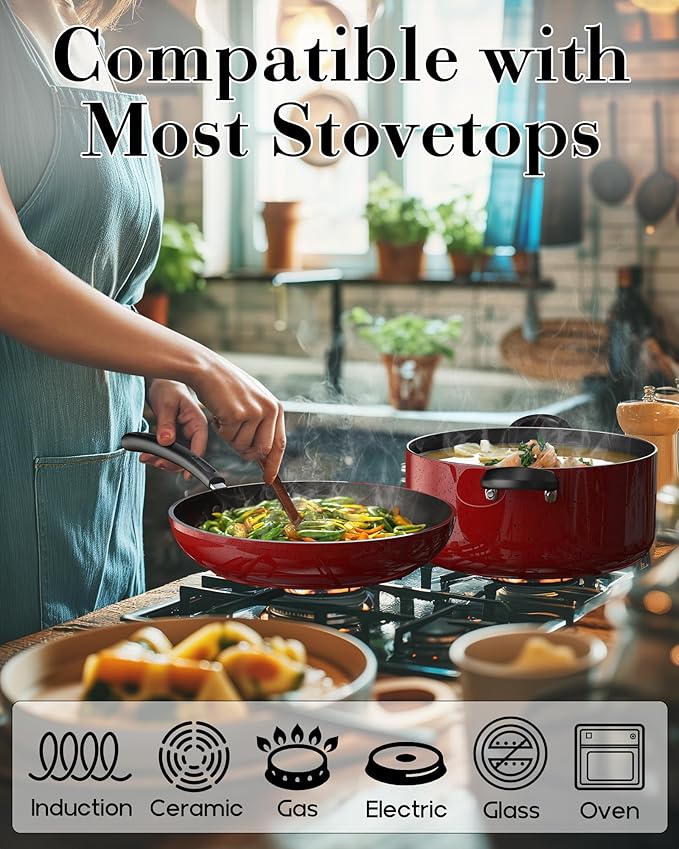 Cook N Home Pots and Pans Nonstick Cookware Set 12-Piece, Kitchen Cooking Set with Frying Pans and Saucepans, Induction Compatible, Marble Red - Image 3