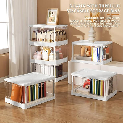 Kmiectse Clear Storage Bin with Lid 3 Pack 【Stackable & Sturdy】 Plastic Multifunctional Folding Storage Bins for Bedroom, Living Room, Study,Room, 23 QT Folding Box with Magnetic Door - Image 3