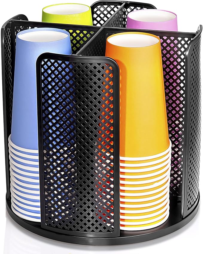 Rotating Paper Cup Dispenser, Cup Holder with 4 Compartments, Disposable Coffee Cup Dispenser Removable, Plastic Cup Storage & Lid Holder for Countertops, Kitchen, Coffee Stations (Black) by Wymulot