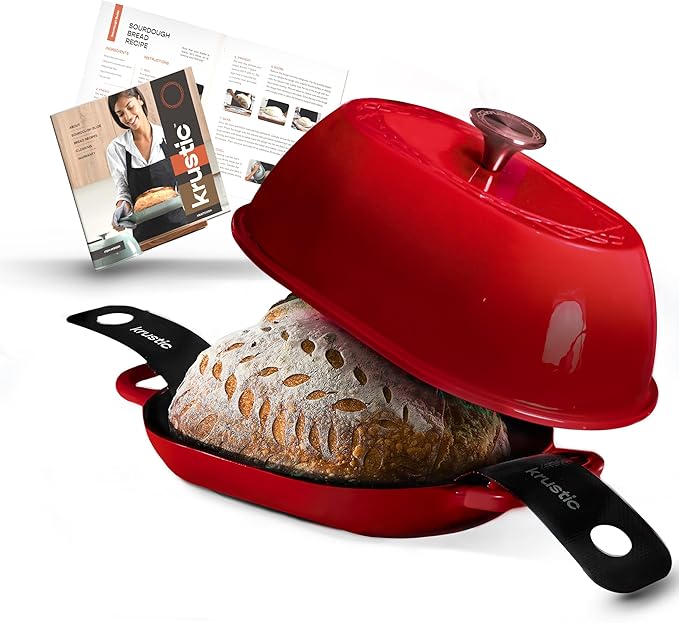 Krustic Enameled Cast Iron Dutch Oven for Professional Sourdough Bread Baking | 5.5 Quart Loaf Size Oval Cookware Pot with Lid | Triple-Layer Enamel Coating Pan with Non Stick Silicone Mat |Red