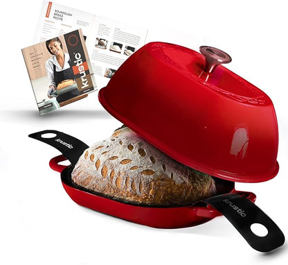 Krustic Enameled Cast Iron Dutch Oven for Professional Sourdough Bread Baking | 5.5 Quart Loaf Size Oval Cookware Pot with Lid | Triple-Layer Enamel Coating Pan with Non Stick Silicone Mat |Red