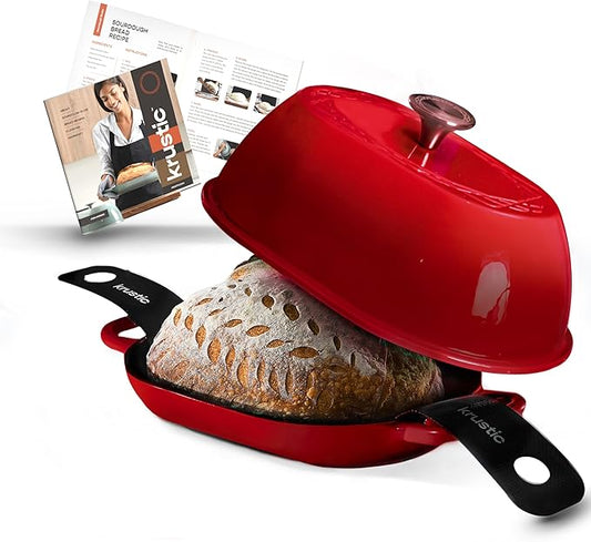 Krustic Enameled Cast Iron Dutch Oven for Professional Sourdough Bread Baking | 5.5 Quart Loaf Size Oval Cookware Pot with Lid | Triple-Layer Enamel Coating Pan with Non Stick Silicone Mat |Red