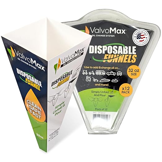 ValvoMax Disposable Funnels, 12-Pack (32oz) – Glossy Cardstock Paper Funnels for Oil Changes, Automotive Fluids, Coolant, and Household Liquids