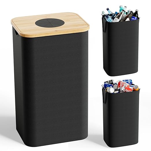 Recycling Bins for Kitchen, 26 Gallon (100L) Recycle Bin with Bamboo lid, Indoor Oxford Fabric Recycling Trash Can with 2pcs Removeable and Reusable Inner Bags for Bottle Can Glass Plastice, Black by Magicheap