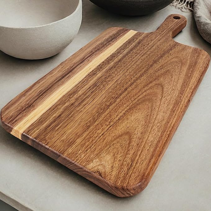 ZeQi 2PCS Small Acacia Wood Cutting Board with Handle 13.7''X7'', Chopping Board, Charcuterie Board, Serving Board for Cheese, Bread, Meat, Vegetables & Fruits (2 Pack Rectangular) - Image 2