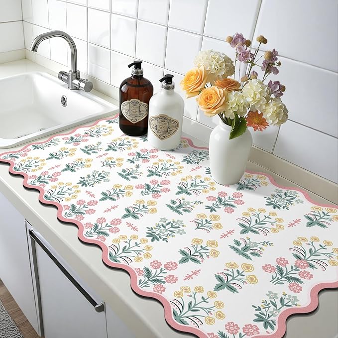 LOKHOM Scalloped Floral Dish Drying Mat, 17"x32" Super Absorbent Coffee Mat with Unique Pink Pastoral Floral, Cuttable Hide Stain Non-slip Drying Mat for Kitchen Counter Coffee Maker Espresso Machine - Image 9