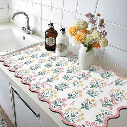 LOKHOM Scalloped Floral Dish Drying Mat, 17"x32" Super Absorbent Coffee Mat with Unique Pink Pastoral Floral, Cuttable Hide Stain Non-slip Drying Mat for Kitchen Counter Coffee Maker Espresso Machine - Image 9
