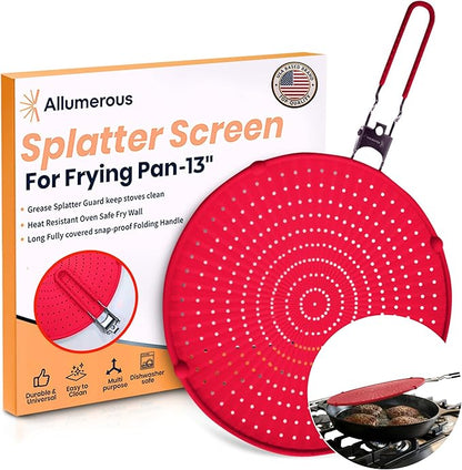Silicone Splatter Screen for Frying Pan, 13” Red – Grease & Oil Splatter Guard, Heat Resistant, Dishwasher Safe, Foldable Handle with Sleeves – Splash Guard Fits 10–12” Pans, Most 13” Skillets by Allumerous