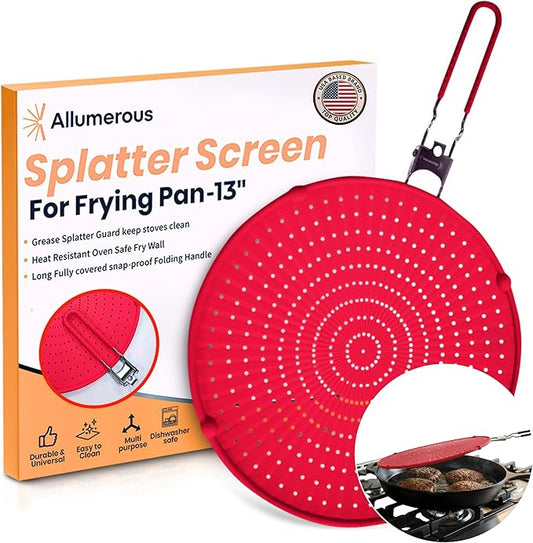 Silicone Splatter Screen for Frying Pan, 13” Red – Grease & Oil Splatter Guard, Heat Resistant, Dishwasher Safe, Foldable Handle with Sleeves – Splash Guard Fits 10–12” Pans, Most 13” Skillets by Allumerous