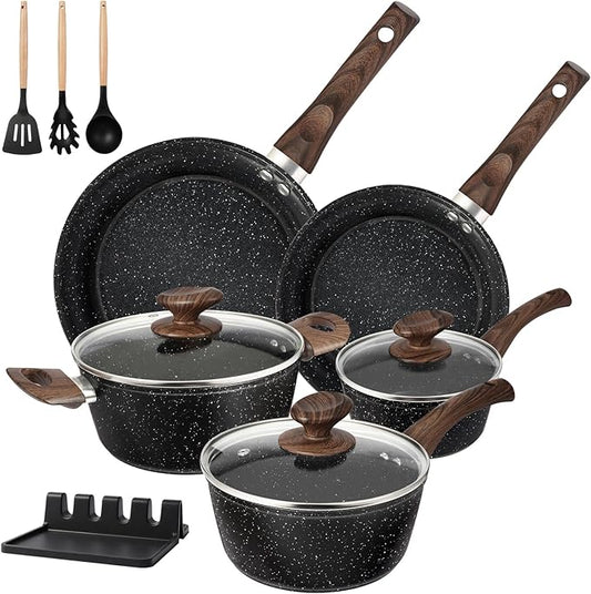 M MELENTA Pots and Pans Set Non Stick, 12pcs Black Ceramic Cookware Set, Non-toxic Induction Cookware Kitchen Cooking Set, PFAS and PFOA Free