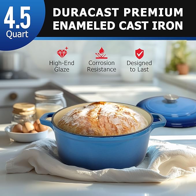MUELLER HOME 4.5 QT Enameled Cast Iron Dutch Oven, Heavy-Duty Casserole Dish and Braiser Pan with Lid and Stainless Knob, Oven-Safe up to 500° F & Across All Cooktops, Aqua Blue - Image 2