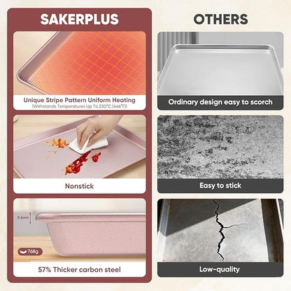 Sakerplus Nonstick Baking Sheet Pan Set of 3, Heavy Duty Cookie Sheets for Oven with Stripe Texture Pattern, 0.6mm Thick Quarter/Half/Jelly Roll Pans, Rust-Resistant & Easy Clean (Pink) - Image 5