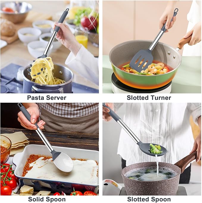 TeamFar Silicone Cooking Utensils Set, 5 PCS Heat-Proof Kitchen Utensils with Stainless Steel Handle, Turner/Spoon/Pasta Server for Nonstick Cookware Frying Flipping Draining, Light Grey - Image 4