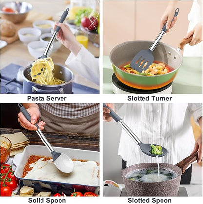 TeamFar Silicone Cooking Utensils Set, 5 PCS Heat-Proof Kitchen Utensils with Stainless Steel Handle, Turner/Spoon/Pasta Server for Nonstick Cookware Frying Flipping Draining, Light Grey - Image 4