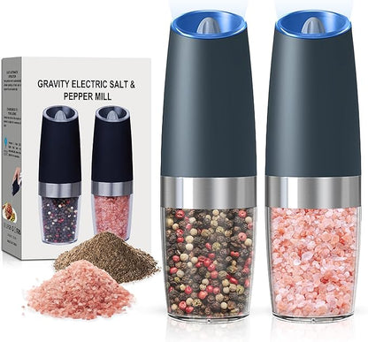 Battery Operated Salt And Pepper Grinder Set with LED Light, Automatic Electric Gravity Salt And Pepper Shakers Set, Each 6 AAA Batteries Needed, Adjustable Roughness, 2 Pack (Grey) by Unknown