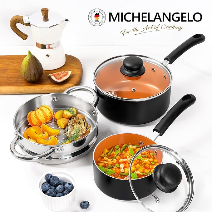 MICHELANGELO Nonstick Sauce Pan with Lid, 1QT & 2QT Ceramic Saucepan Set with Steamer, Small Copper Saucepans Set, Multipurpose Sauce Pots for Cooking, PFAS-FREE, Dishwasher Safe - Image 7