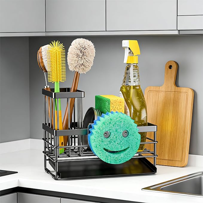 Cisily Sink Caddy with Smiley Face Sponge Holder for Kitchen with Brush Holder and Stainless Steel Self Drain Tray, Rustproof Kitchen Sink Organizer, Soap Dispenser Storage Accessories (Black) - Image 4