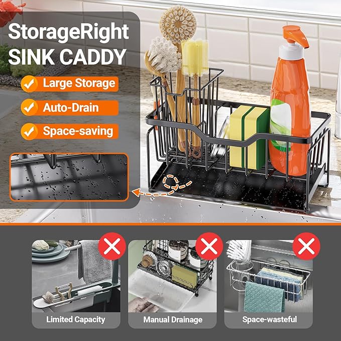 StorageRight Kitchen Sink Caddy Organizer, Rustproof Sponge Holder for Kitchen Sink, Instant Dry High Brush Holders with Drain Tray, Anti-Slip Storage Organization Essentials, Black - Image 4