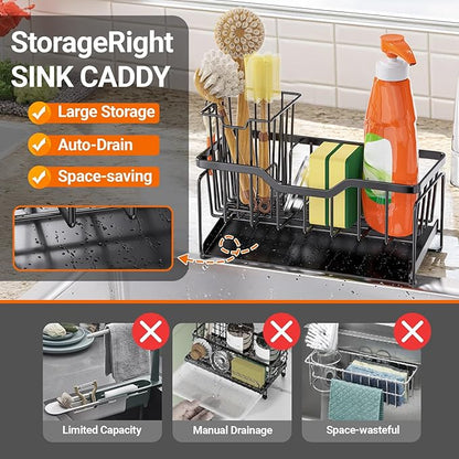 StorageRight Kitchen Sink Caddy Organizer, Rustproof Sponge Holder for Kitchen Sink, Instant Dry High Brush Holders with Drain Tray, Anti-Slip Storage Organization Essentials, Black - Image 4