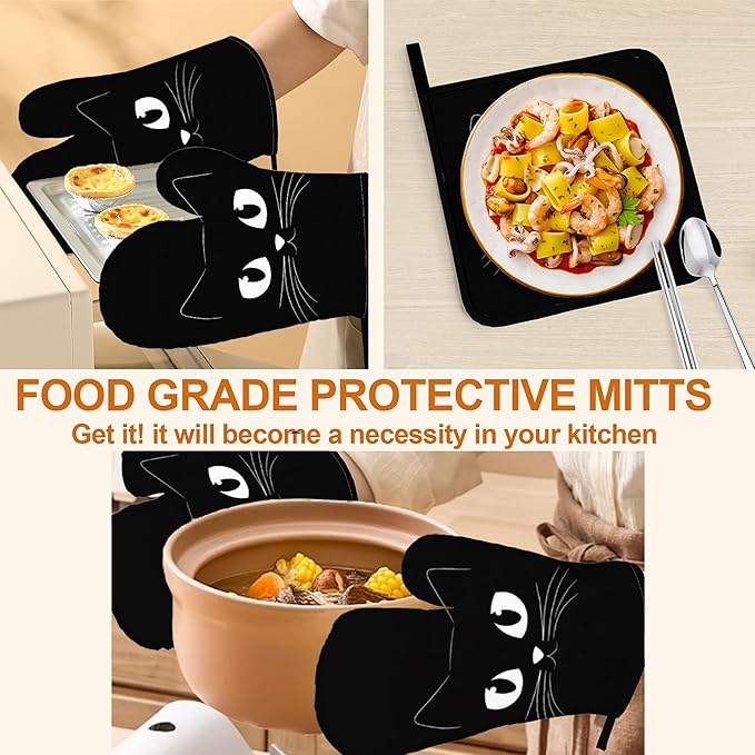 Oven Mitts and Hot Pads Set - Black Cat Design, Heat Resistant Cute Pot Holders for Kitchen, Baking Gifts for Women