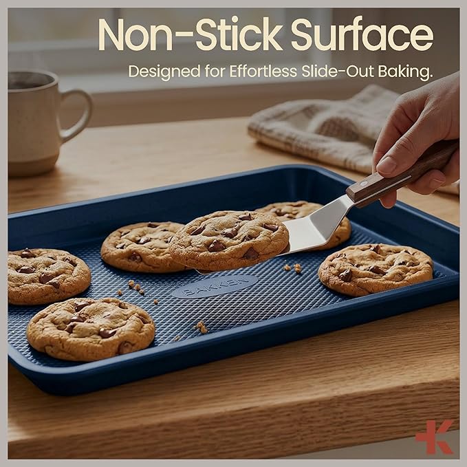 BAKKEN Kitchen Baking Pans - Nonstick Blue Coating, 13.58’’ × 9.65’’ Commercial Grade Carbon Steel Cookie Sheet, Diamond Texture Bottom, PFOA, PFOS, PTFE Free, Oven Safe Tray (450°F), Blue - Image 5