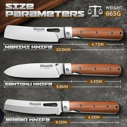 Huusk Folding Chef Knife Set - Including Nakiri, Santoku, Bread and Fruit Knives - EDC Kitchen Knife Set with 440C Stainless Steel Ultra Sharp Blade - Japanese Pocket Knives - Gifts for Mom