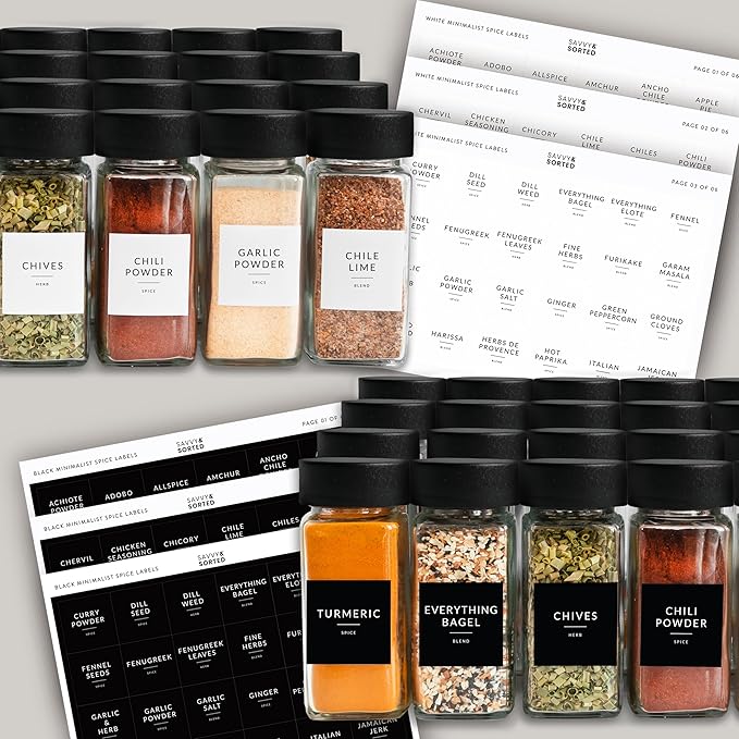 SAVVY & SORTED Glass Spice Jars with Label 24 PK - 4 Oz Spice Containers with 374 Minimalist Preprinted Labels Stickers, Pepper Grinder Funnel Shaker Lids, Empty Seasoning Containers Bottles - Image 3