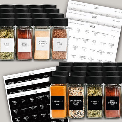 SAVVY & SORTED Glass Spice Jars with Label 24 PK - 4 Oz Spice Containers with 374 Minimalist Preprinted Labels Stickers, Pepper Grinder Funnel Shaker Lids, Empty Seasoning Containers Bottles - Image 3