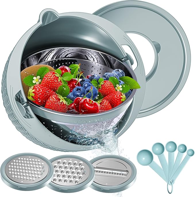 4-1 Strainer with Bowl & Spoons Set - Strainers and Colanders(Patented) - Colanders for kitchen - Food Strainer with New Upgraded Graters & Spoons - Fruit Bowl for Pasta Fruits Veggie- Blue - Image 8